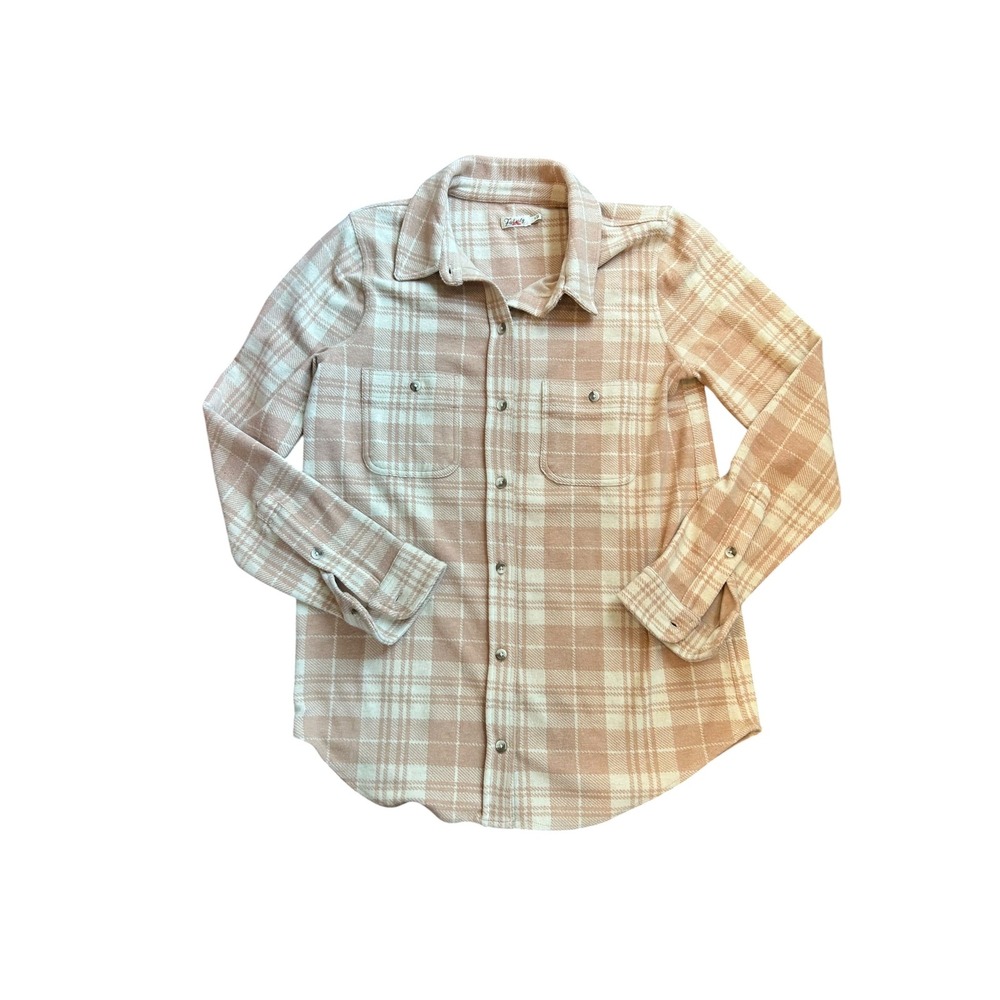 Faherty Legend Overshirt Plaid Button Down Shacket Long Sleeve Cream Beige Small